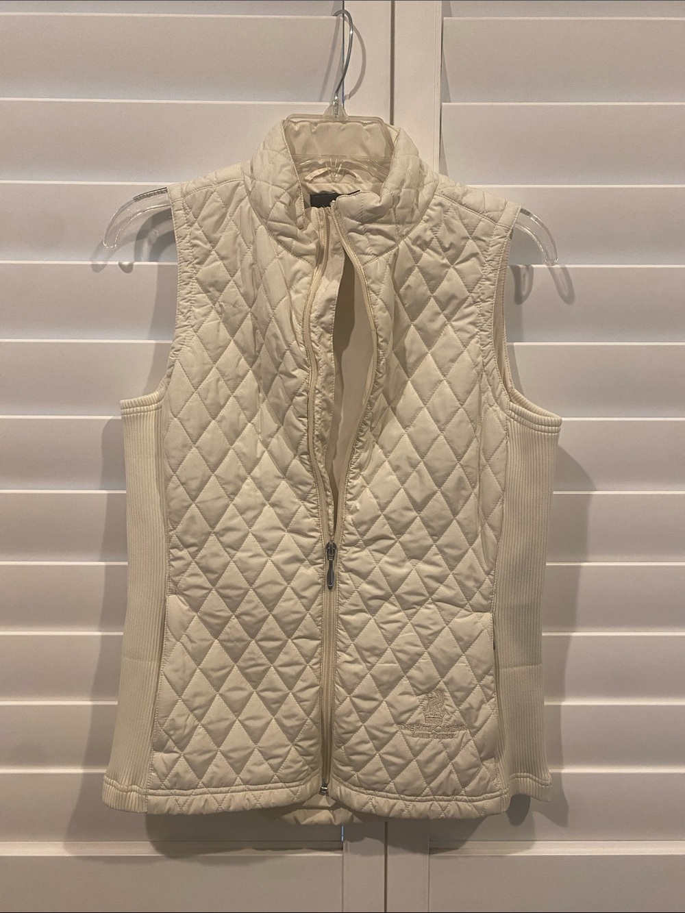 Quilted Cream Sleeveless Down Vest with Ribbed Side Panels
